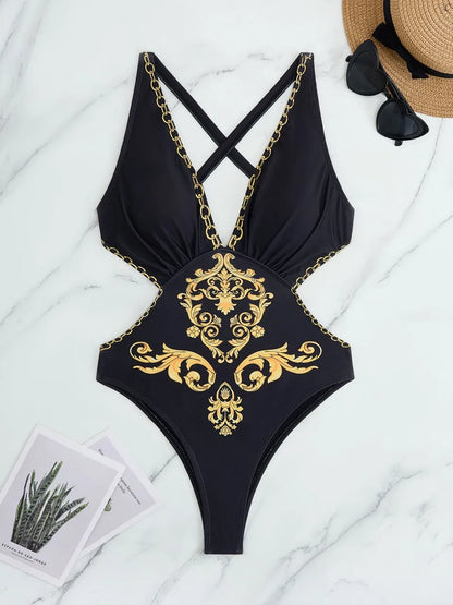 Deep-V Printed One Piece Strappy Swimsuit Women Cross Backless Swimwear Bodysuit Bathers Bathing Swimming Suit Beachwear