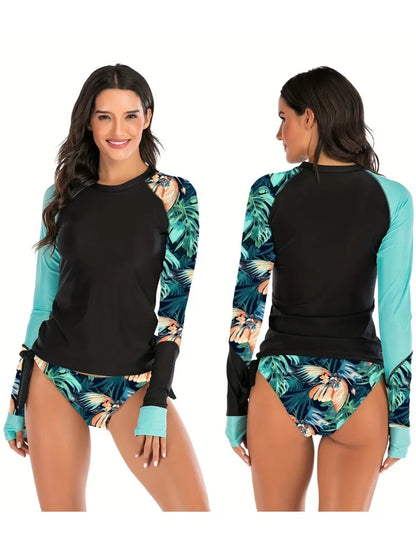 Long Sleeves Swimwear Women Surfing Swimsuit Print Bathing Suits Pullover Two Piece Swim Suits Sports Push Up Beach Wear