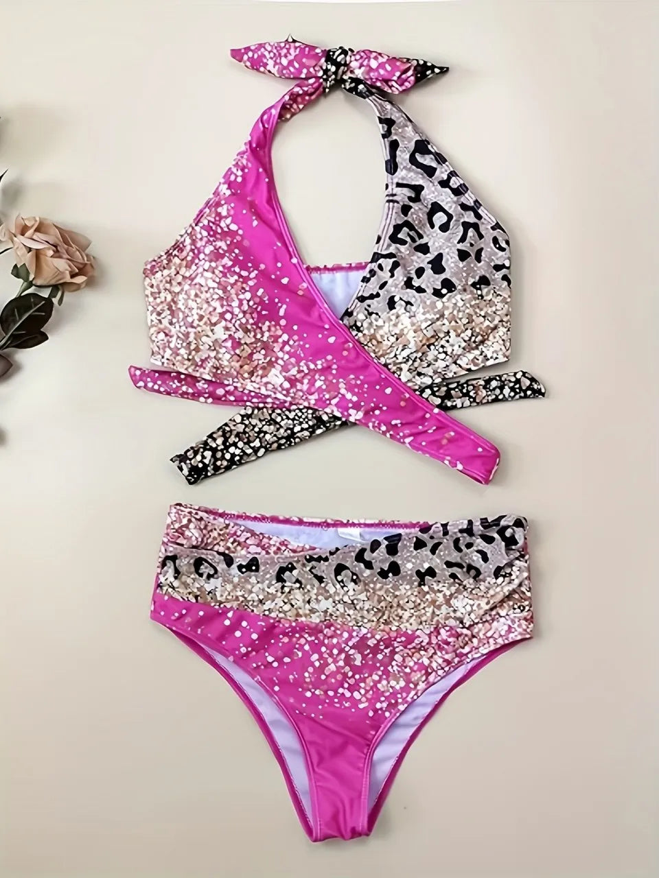 Halter Cross Knot Bikinis 2026 Triangle Swimwear Women Printed Swimsuit Female Bathers Bathing Swimming Suit Padded Beachwear