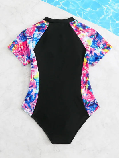 One Piece Kids Girls Swimsuit Black Print Short Sleeve Children Swimwear Summer Monokini Beach Bathing Suits Swimming