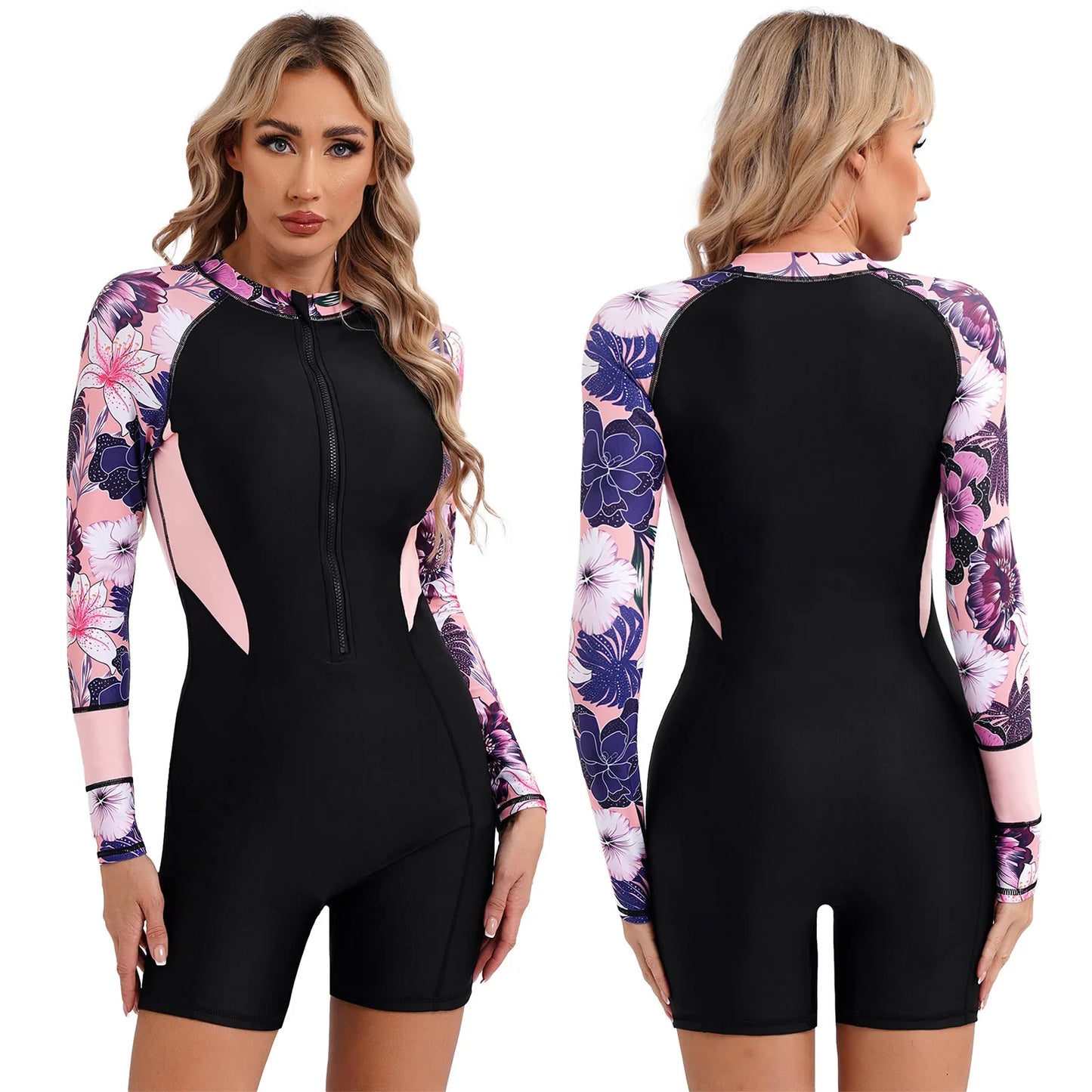 One Piece Floral Print Athletic Swimsuit Swimwear for Women Long Sleeve Zip Front Tropical Plant Surfing Sun Protection Bodysuit