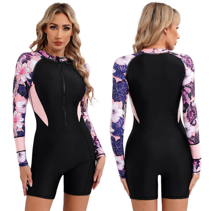 One Piece Floral Print Athletic Swimsuit Swimwear for Women Long Sleeve Zip Front Tropical Plant Surfing Sun Protection Bodysuit