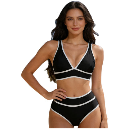 Women's Two Piece Printed Bikini Swimsuit Sets Two Pieces Swimwear V Neck High Waisted Color Block Sports Swimming Bathing Suit