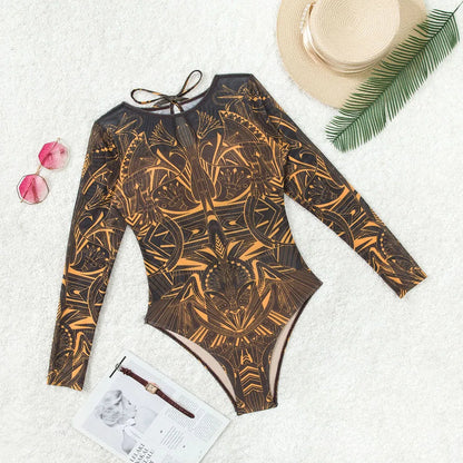 Women's Retro Print Scoop Neck Padded Long Sleeve One Piece Swimsuits High Cut Bathing Suits Swimwear Bodysuit
