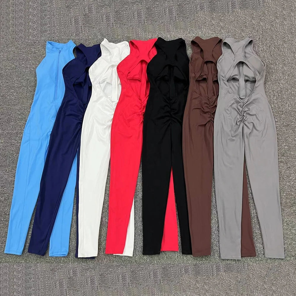 Pad Deep V Women Tracksuit Yoga Set One Piece Jumpsuit Workout Scrunch Legging Sport Gym Active Suit Exercise Wear