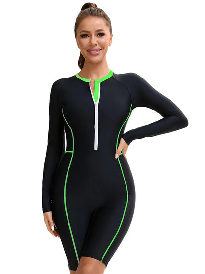 Rash Guard Suit Patchwork Sport One Piece Swimsuit For Women Zipper Long Sleeves Swimwear Female Professional Bathing Suits Beachwear