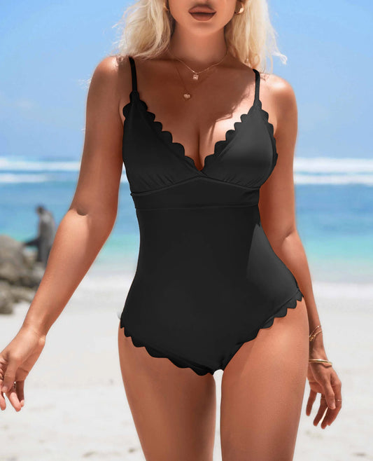 Women Fashion One-Piece Swimsuit Solid Scalloped Trim High Elastic with Removable Padded Bathing Suit Swimwear