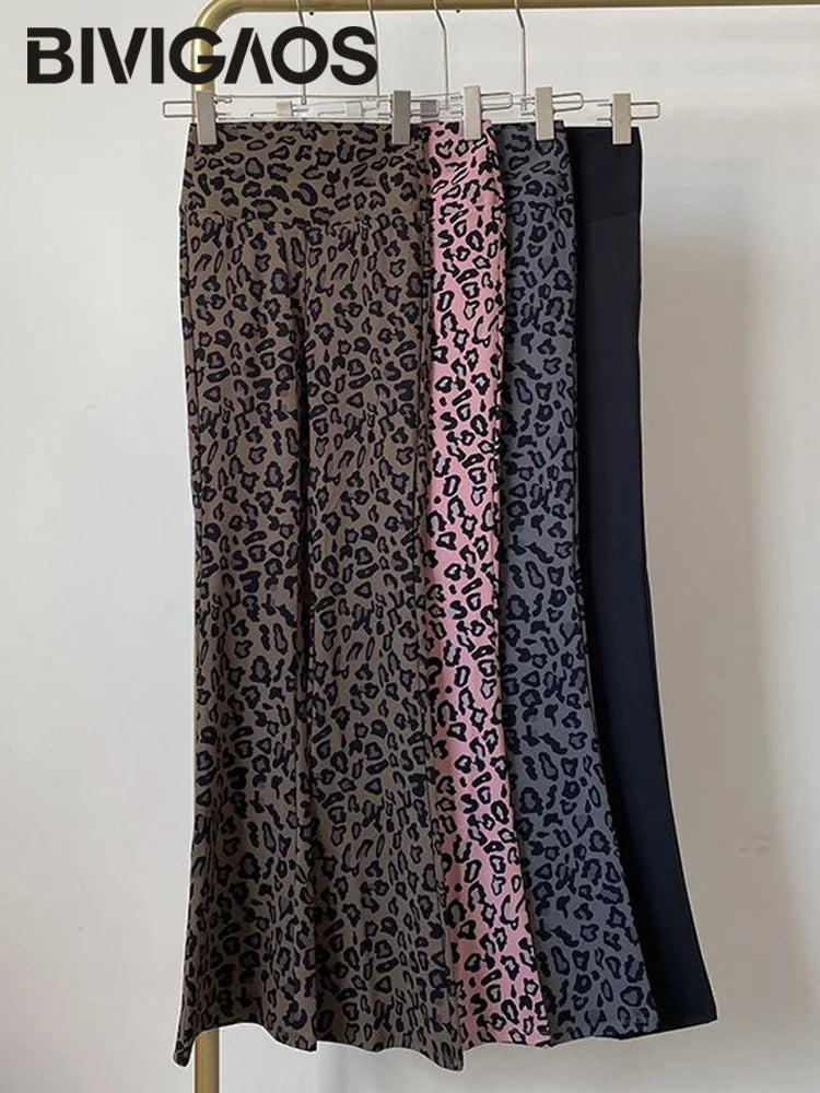 BIVIGAOS Spring Summer Leopard Print Flared Leggings Women Sharkskin High Waist Tight Sport Pilates Fitness Horseshoe Pants
