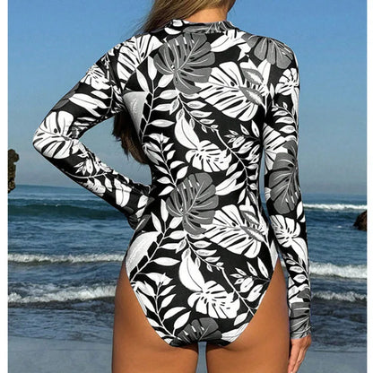 Summer Print Zipper One Piece Swimsuits Closed Long Sleeve Swimwear Sports Surfing Women's Swimming Bathing Suits Beach Bather
