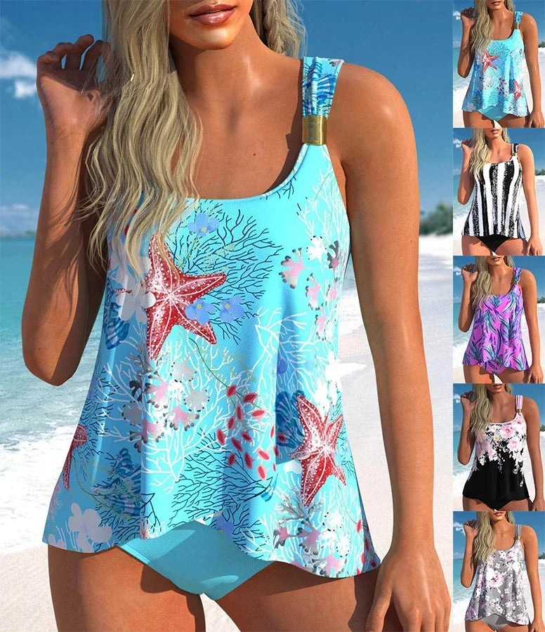 Women's Casual Resort Style Swimwear Strap Neck Fashion Women's Bikini Starfish Printed Swimsuit Suit S-6XL