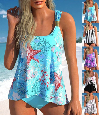 Women's Casual Resort Style Swimwear Strap Neck Fashion Women's Bikini Starfish Printed Swimsuit Suit S-6XL