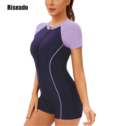 Womens Athletic Swimwear Short Sleeve Zip Front One Piece Swimsuit Full Body Modest with Boyshorts