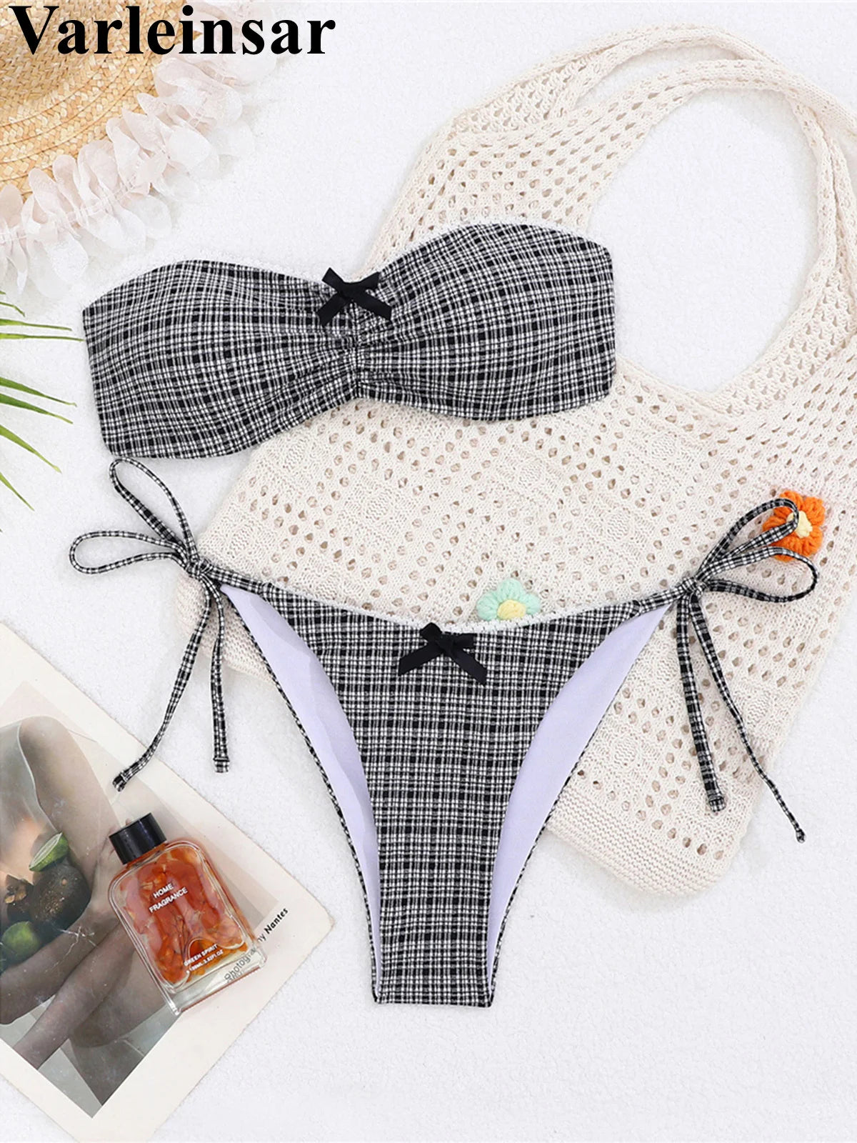 Plaid Bandeau Bikini Women Swimwear Female Swimsuit Two-pieces Bikini set Strappy High Cut Leg Bather Bathing Suit Swim