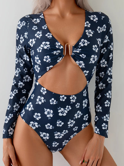 Long Sleeve One Piece Swimsuit Women Vintage Metal W Wire Hollow Out Slim Hollow Out Bathing Suit Holiday Swimwear