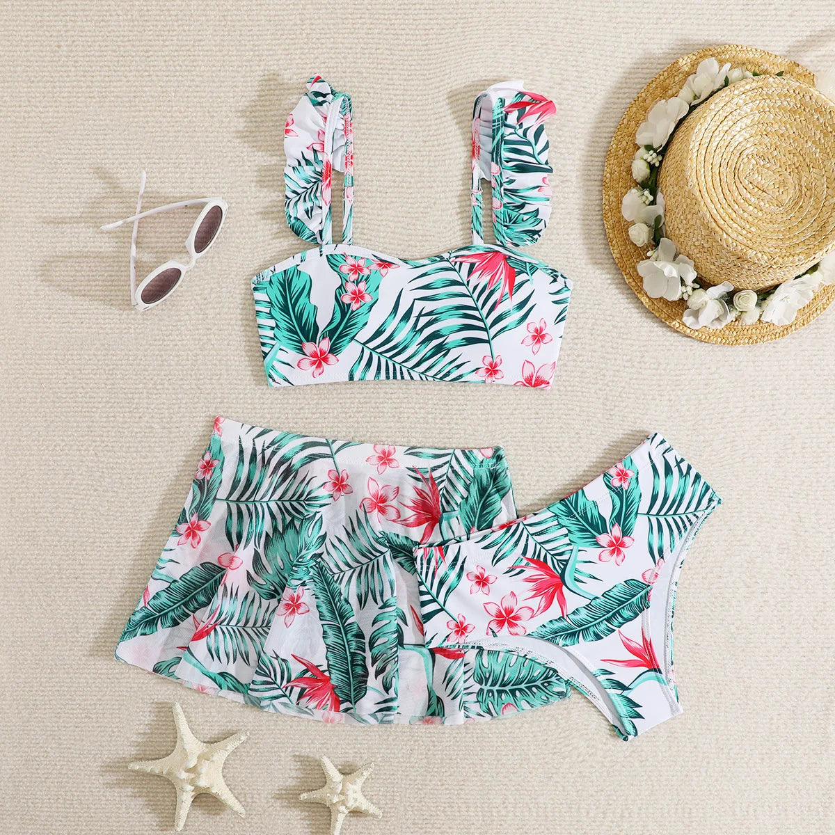 Girls 3 piece Floral Print Bikini Sets Kids Swimsuit & skirts 7-12 Years Children's Swimwear Teens Girl Ruffle Bathing Suit