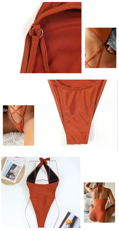 One Piece Swimsuit Swimwear Women Cross Halter Hollow Solid One-piece Bathing Suit Beachwear
