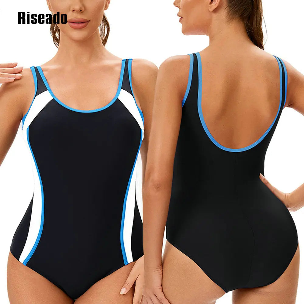 Women's Color Block One Piece Swimsuits U Back Athletic Training Swimwear Bathing Suits