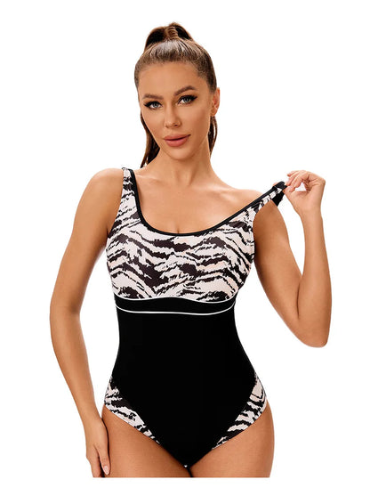 Black & White Print One Piece Swimsuit Women's Patchwork Monokini  U-neck Suspender Backless Beach Vacation Swimwear