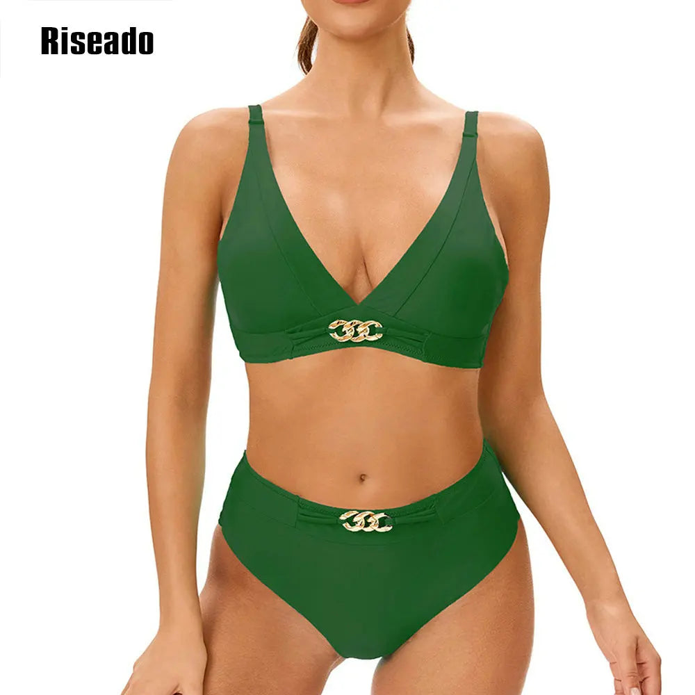 Solid Black High Waist Bikini Sets Swimsuit For Women V-neck Tank Two Pieces Swimwear