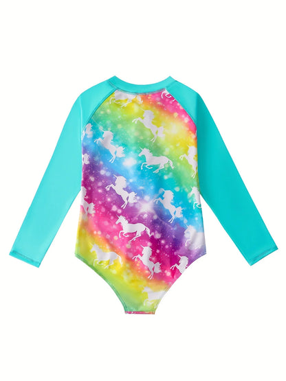 Girls Swimsuit, One-Piece Long Sleeve Swimwear, Rainbow Color with Horse Print, Beach Pool Style, Kids Swim Rash Guard, Summer