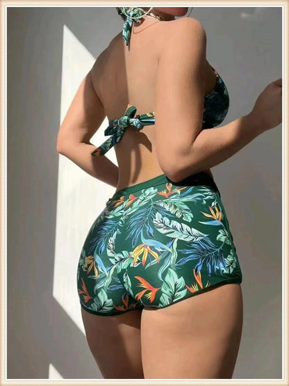 Halter Bikini Women High Waist Swimwear Female Swimsuit Leaf Printed Beachwear Bathing Swimming Suit Summer Beachwear