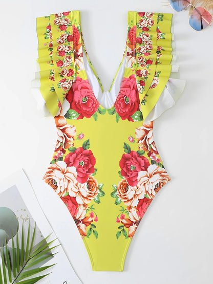 Ruffle Push Up Swimwear Women One Piece Floral Swimsuit Vintage Bather Bathing Swimming Swim Suit Beachwear Summer Bodysuit