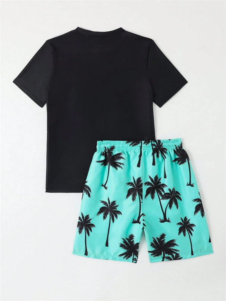 Boy Kids Swimsuit Solid Coconut Tree Print Children Swimwear Summer Two Piece Beach Shorts Beach Bathing Suit Swimming