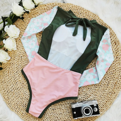 Patchwork One-Piece Swimsuit Long Sleeve Swimwear Sports Backless Women's Swimming Bathing Suit Beach Wear Bather Surfing