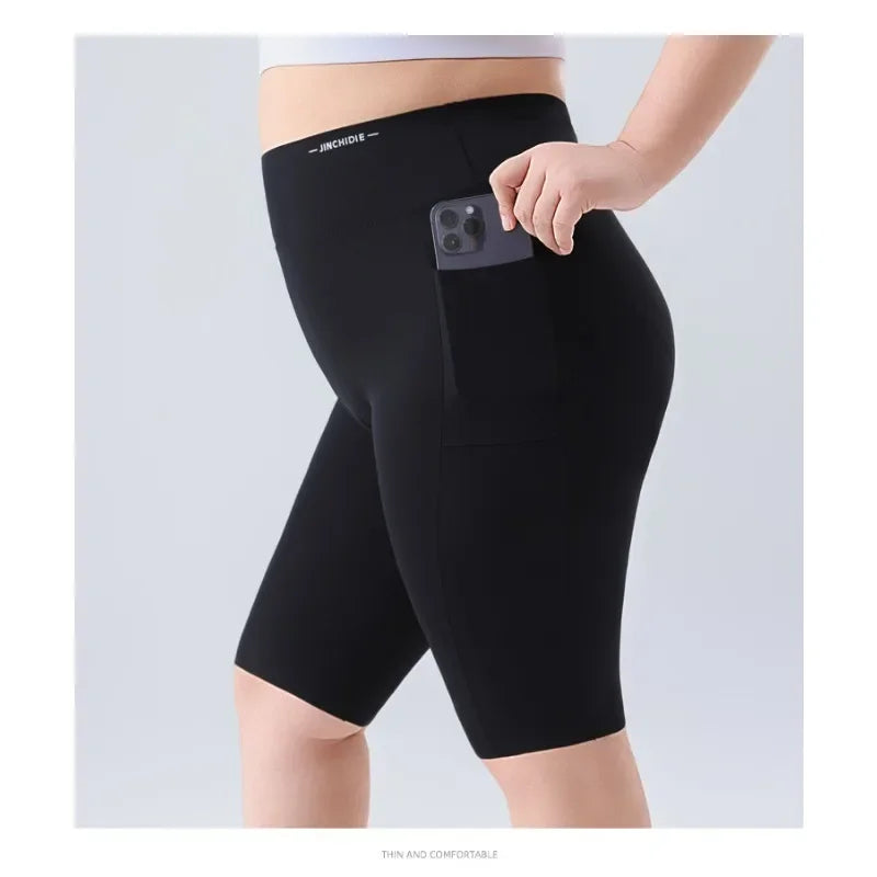 Women Big Size Five Point Shorts Pocket Shark Pants High Waist Stretchy Workout Running Cycling Yoga Fitness Shorts Summer