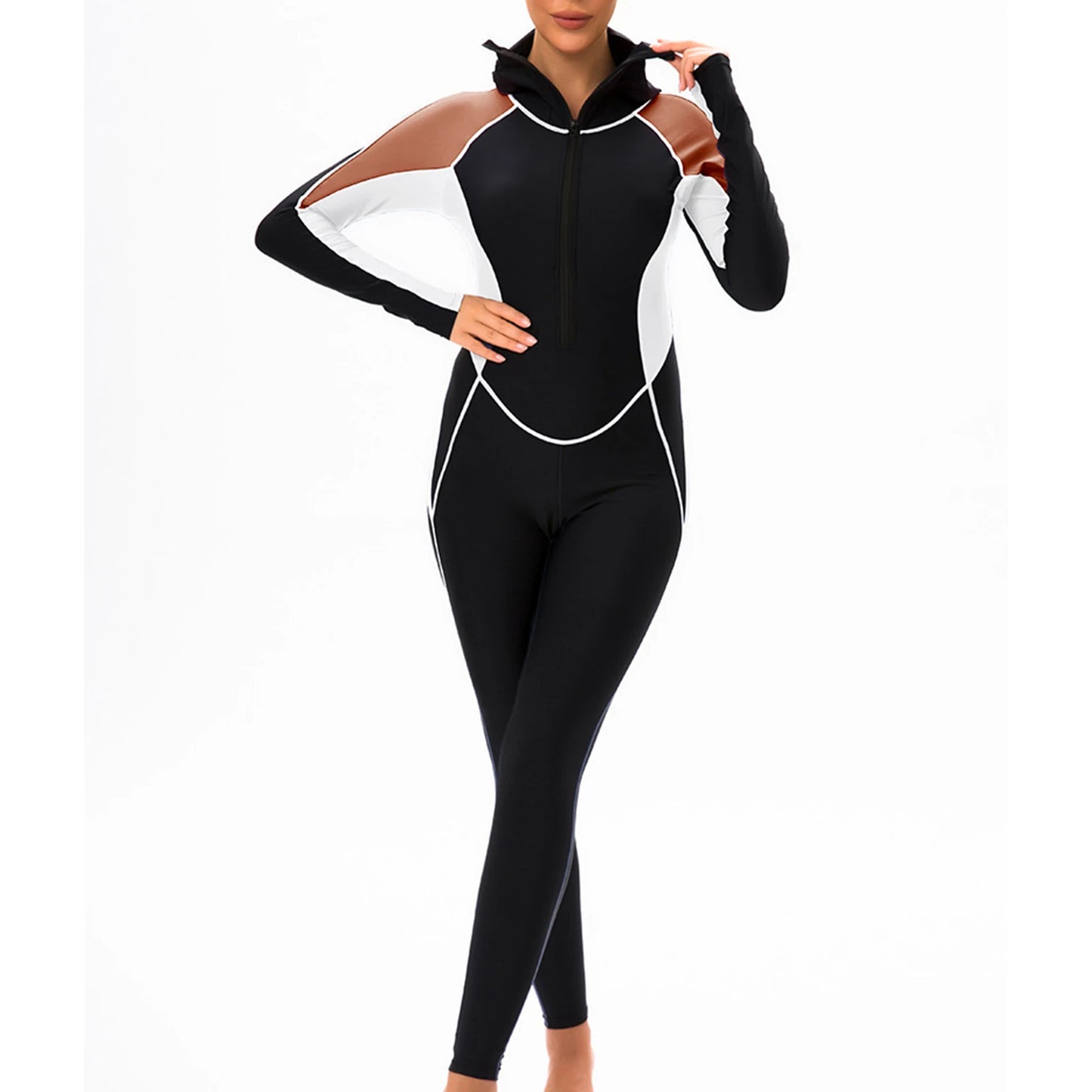 Womens Full Body Swimsuit One Piece Hooded Zipper Modest Swimsuit Full Cover Conservative Swimwear