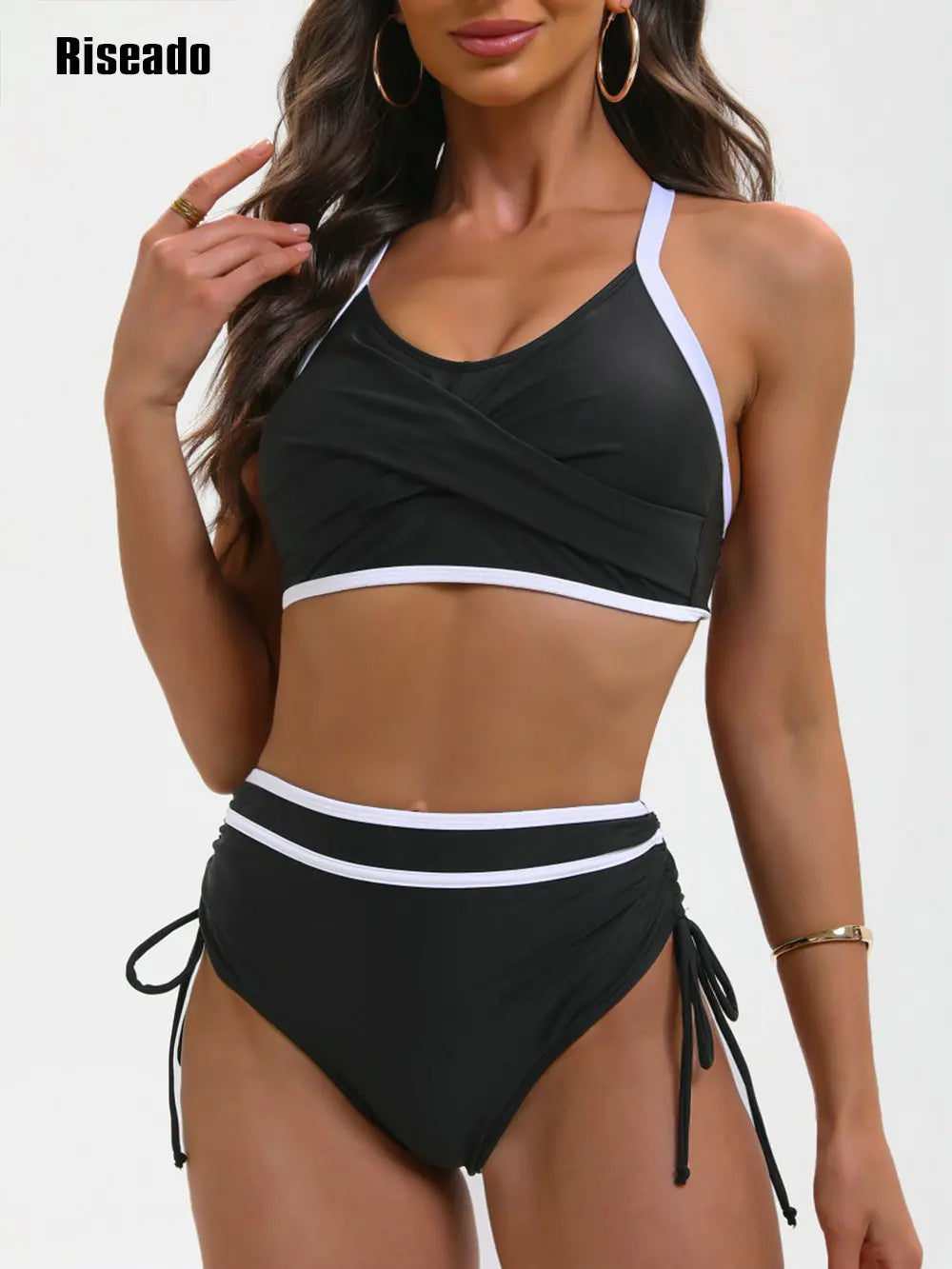 Women's Two Piece Black Swimsuit Push Up Bikini Set Swimwear with Boy shorts V Neck Bathing Suit