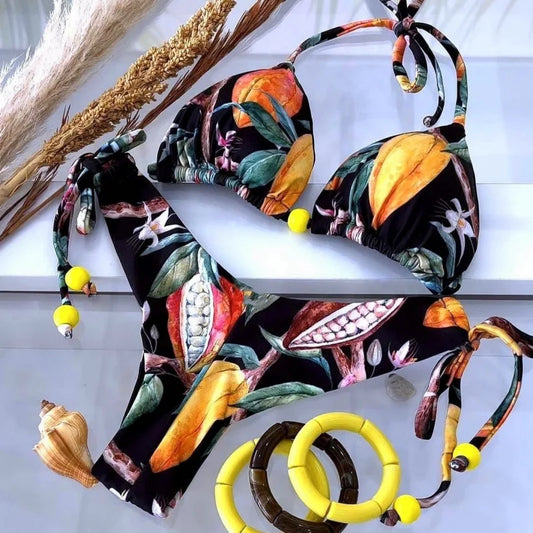 Bikini Digital Printed Lace-up Halterneck Triangle Split Swimsuit Female String Bikini