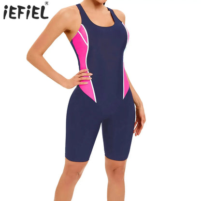Women's One-piece Swimwear Scoop Neck Sleeveless Hollow Back Patchwork Sport Swimsuit Athletic Training Beachwear Bathing Suit