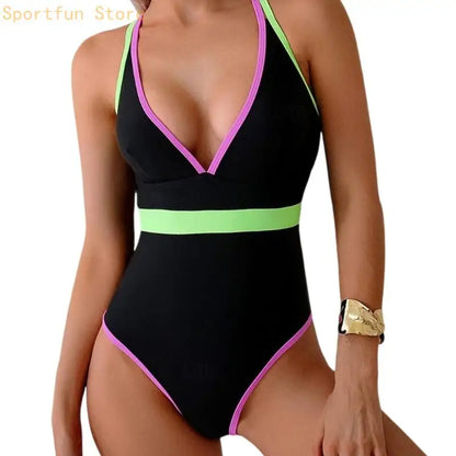 Womens 1 Pc Swimsuit Deep V-Neck Bathing Suit Push Up Swimming Suit Ladies Contrast Color Swimwear for Beachwear