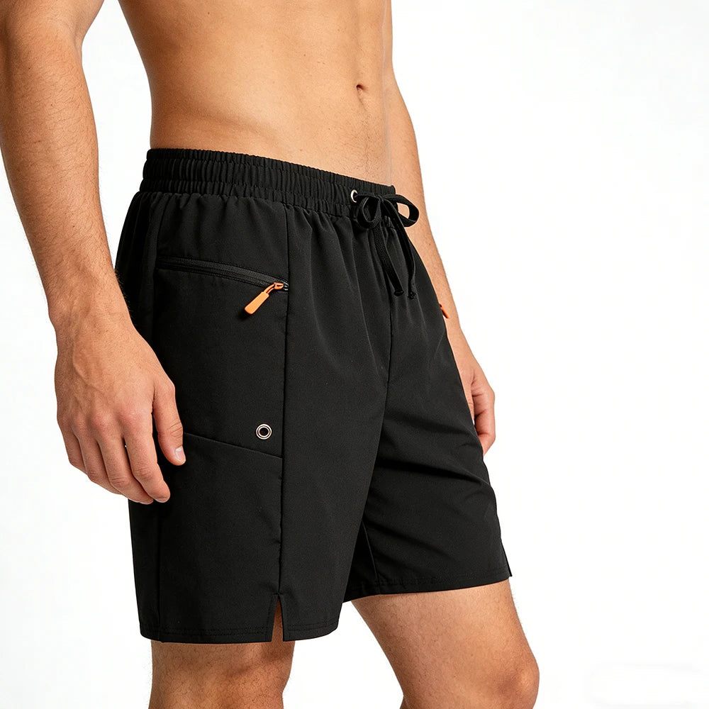 Men's Summer Black Quick Dry Casual Gym Shorts Elastic Waist Side Security Zippered Pocket Versatile for Running Fitness Hiking