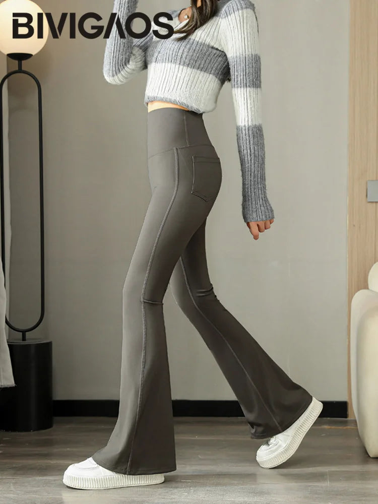 Fashion Back Pocket Shark Flared Pants Women Tight-Fit Slim High Waist Pants Push Up Sport Fitness Flare Leggings