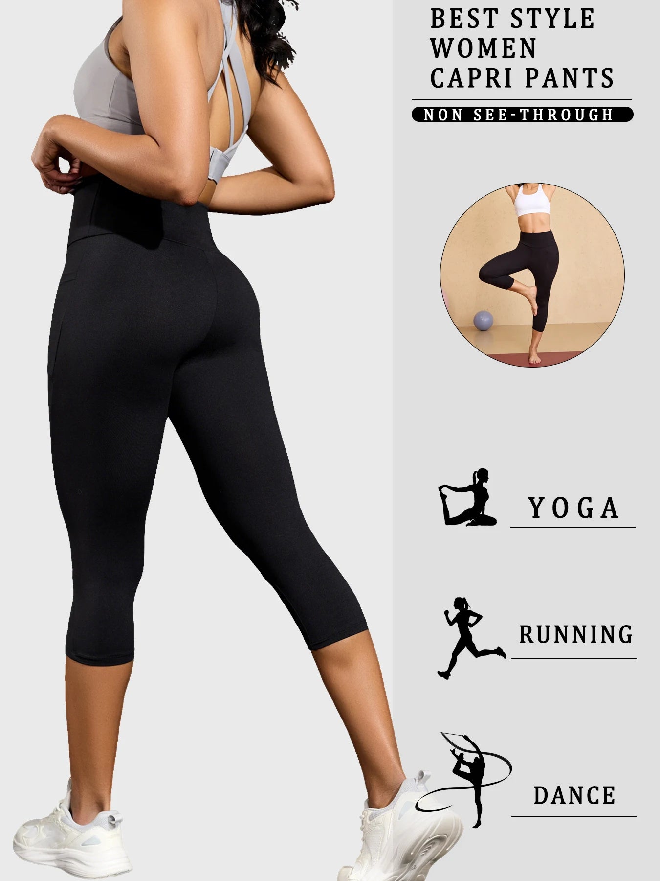 High Waisted capri pants For Women With Pockets Tummy Control No See Through Workout Running Yoga Athletic Push Up Gym Leggings