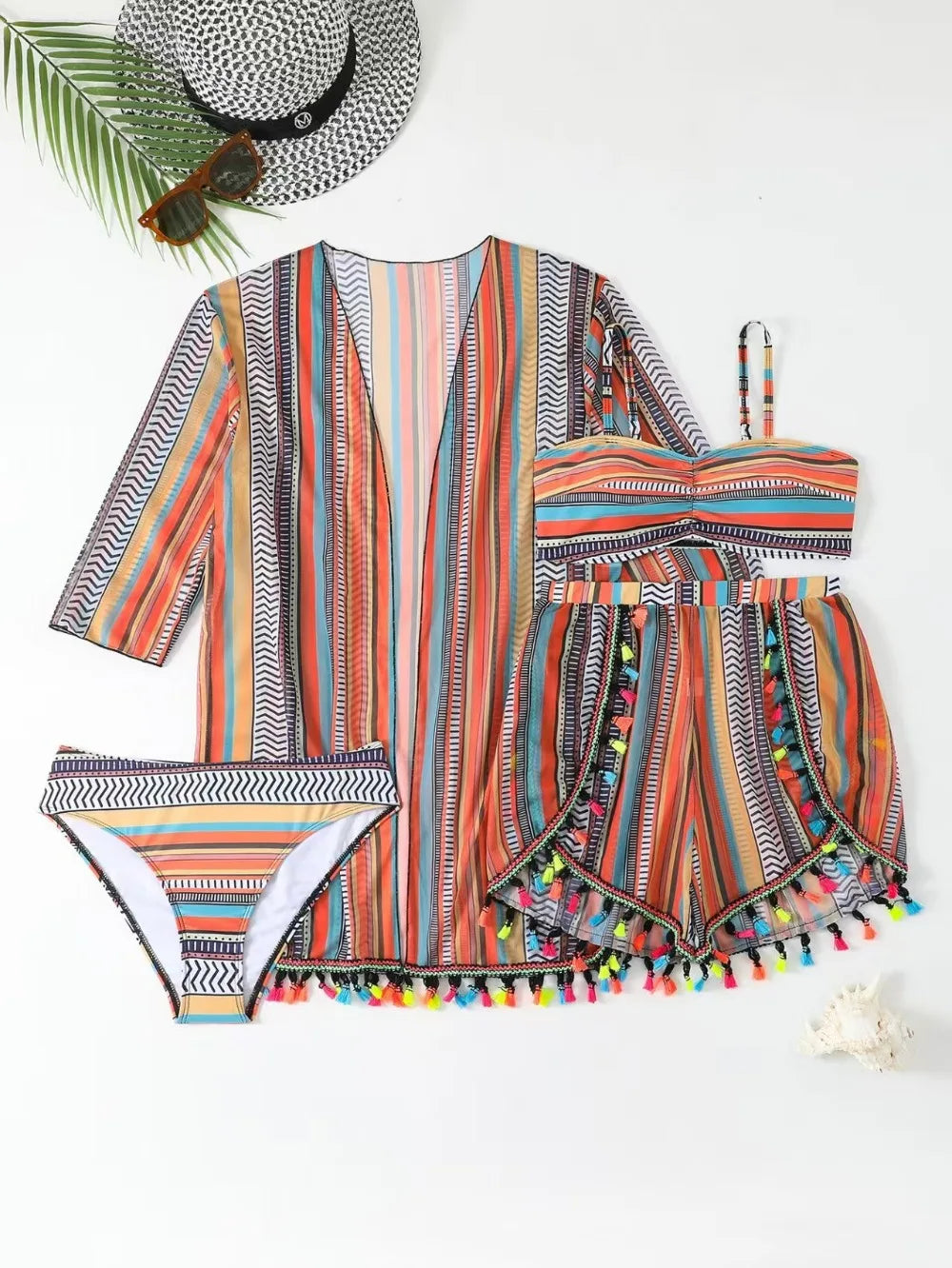 Womens Bikini with cover up sunscreen blouse tassel bikini four-piece swimsuit women's suit