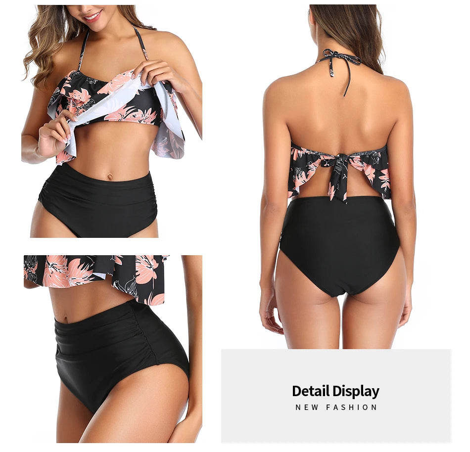 Swimwear Women Halter Ruffle Bikinis High-Waist Split Two-Piece Off Shoulder Swimsuit Pool Beachwear Bathing Suit Plus Size XXL