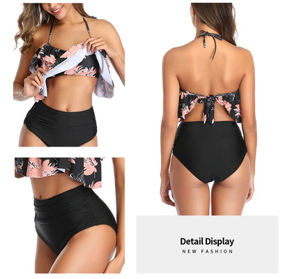 Swimwear Women Halter Ruffle Bikinis High-Waist Split Two-Piece Off Shoulder Swimsuit Pool Beachwear Bathing Suit Plus Size XXL