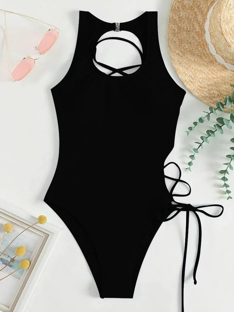 Solid High Cut Swimwear Women Backless Cross Hollow Tied One Piece Swimsuit Monokini Beach Bathing Suit