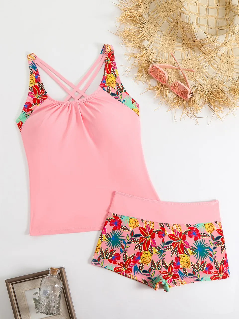 Criss Cross Back Tankini Women Two Pieces High Waist Swimwear Summer Female Printed Bathing Suit Bathers Swimming Beachwear