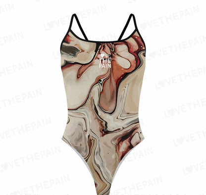 A one-piece swimsuit with a marble-like print featuring shades of pink and brown.