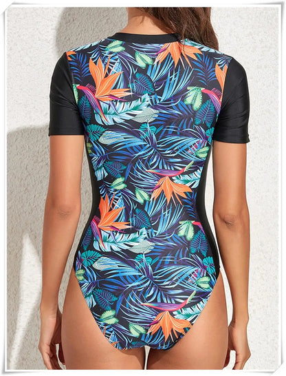 Short Sleeve Zipper One Piece Swimsuit Zebra Print Swimwear Women Diving Clothes Surfing Beachwear Bathing Swimming Suit
