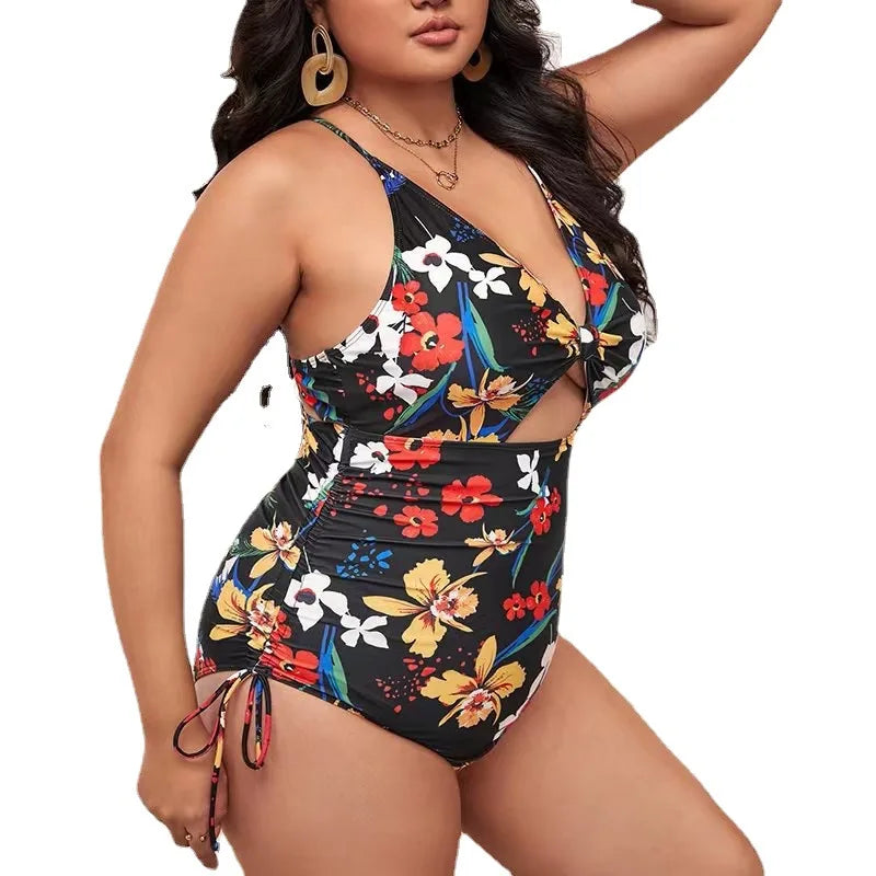 Plus Size One-Piece Bikini Digital Print Drawstring Tie Gathered Halter Swimsuit for Women