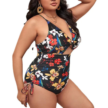 Plus Size One-Piece Bikini Digital Print Drawstring Tie Gathered Halter Swimsuit for Women