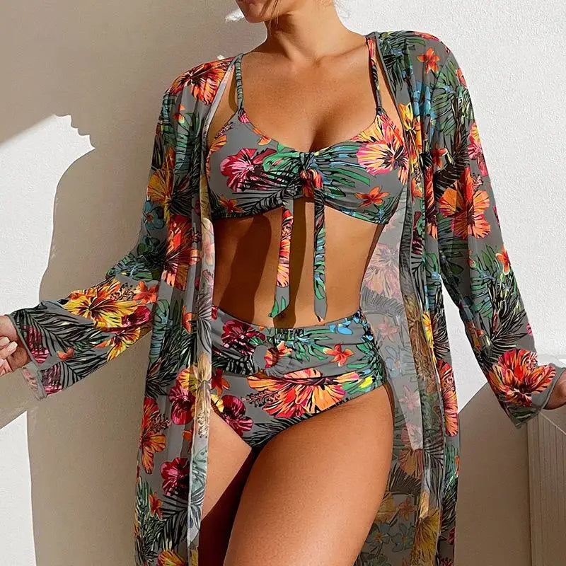 Split Three Piece Floral Printed Swimsuit Women Bikini Set Wireless Bra with Pad Sport Top Long sleeve Blouse Swimwear