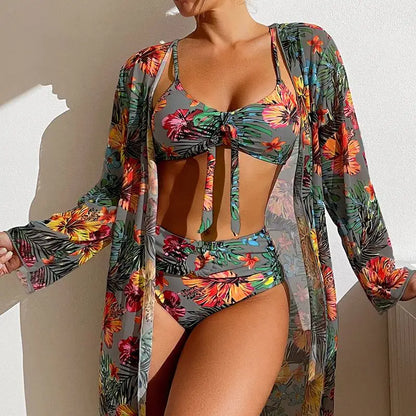 Split Three Piece Floral Printed Swimsuit Women Bikini Set Wireless Bra with Pad Sport Top Long sleeve Blouse Swimwear