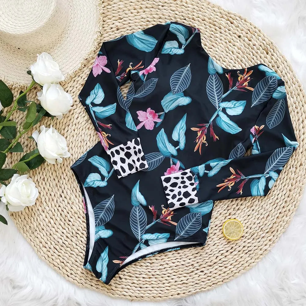 Surfing Sport Long Sleeves Swimsuit For Women Floral Printed High Quality Swimwear Patchwork Bathing Suit Tropical Summer