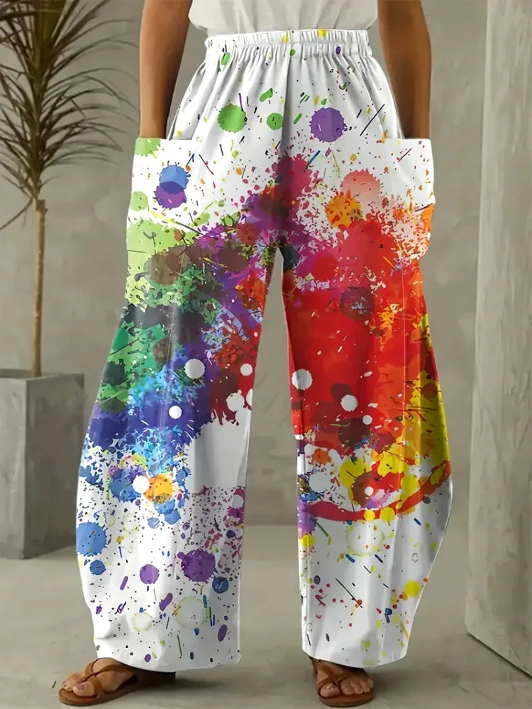 Retro Abstract Rock Print Women's Loose Casual Bloomers, Harajuku Street Trend Women's Pants, Outdoor Casual Double Pocket Pants